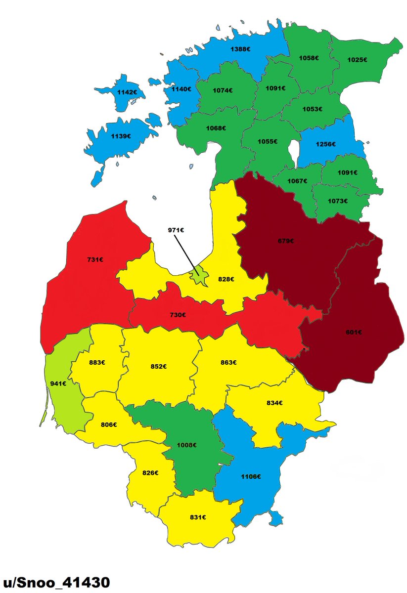 Average salaries in the Baltic countries by region. 

After tax, 2021 Q1 data, by /u/Snoo_41430 reddit.com/r/BalticStates…