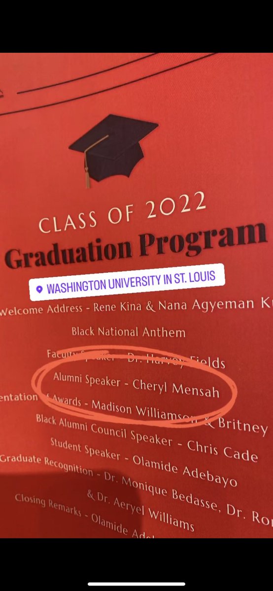 CherylMensah's tweet image. I recently had the honor of returning to my alma mater, @WUSTL as the alumni commencement speaker for the Class of 2022.

Mentorship has always been a core value of mine, and seeing so many of my mentees flourish truly does fill my cup. The world needs to watch out for WashU22!