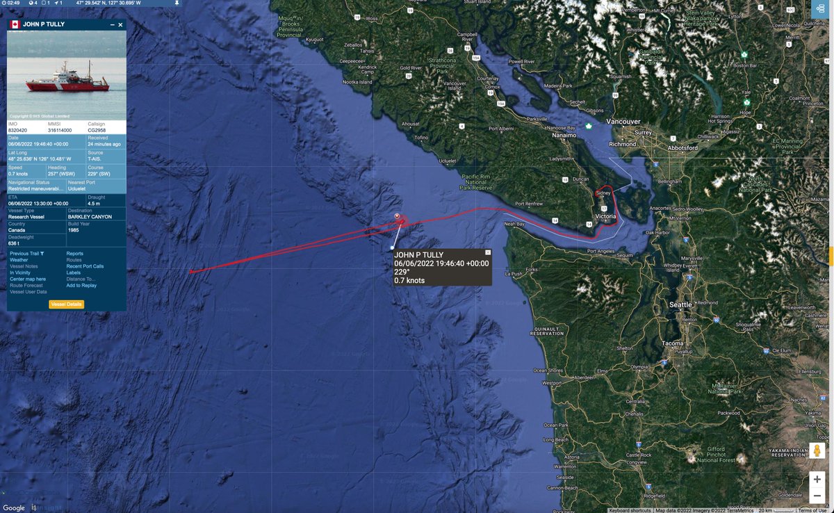 #OceanNetworksCanada #JohnPTully The Tully's track as the continue ROV work in Barkley Canyon. #vesseltracking by @BigOceanData