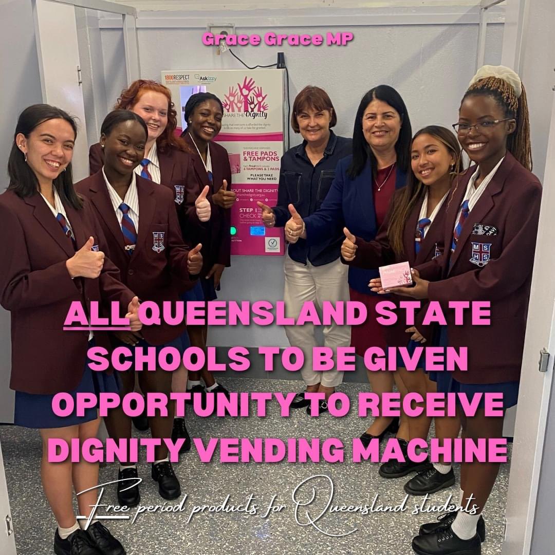 gracextwo's tweet image. BREAKING: ALL state schools in Queensland will be given the opportunity to receive a @sharingdignity Dignity Vending Machine that provides free period products to students, thanks to a $13.3 million investment in the Palaszczuk Government's upcoming State Budget. @AnnastaciaMP