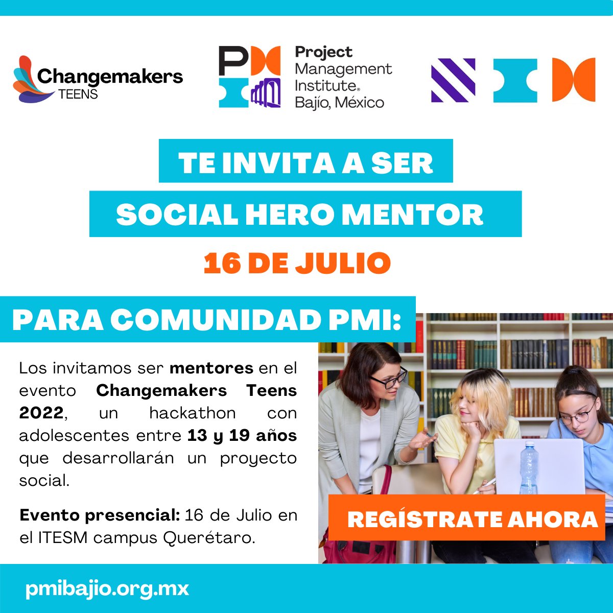 pmsbajio's tweet photo. Participa como Social Hero Mentor en el evento Changemakers Teens 2022, un hackathon con adolescentes entre 13 y 19 años, quienes desarrollarán un proyecto social cumpliendo los objetivos de desarrollo sostenible de la ONU.

Registro: https://t.co/MERfEMtG5Y https://t.co/pcf2NasNIF