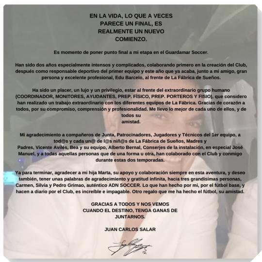 Guardamar_CD's tweet photo. El Vicepresidente JUAN CARLOS SALAR deja de pertenecer al GUARDAMAR SOCCER CLUB DEPORTIVO. https://t.co/6ivrEht5hK