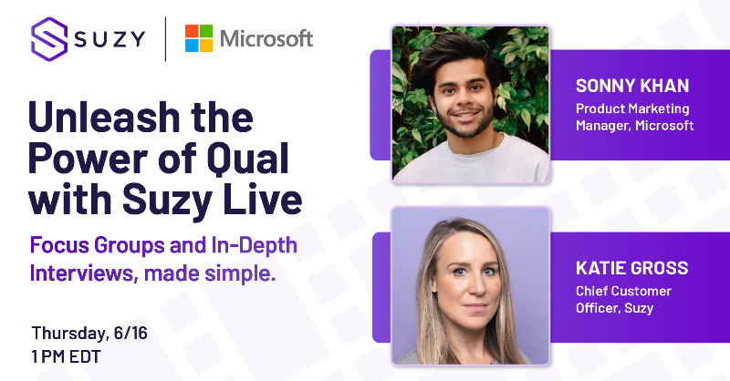 AskSuzyBiz's tweet photo. Introducing Focus Groups on Suzy Live! Join us for a virtual launch event with @Microsoft on 6/16 at 1 PM EDT to learn all about our latest offering.