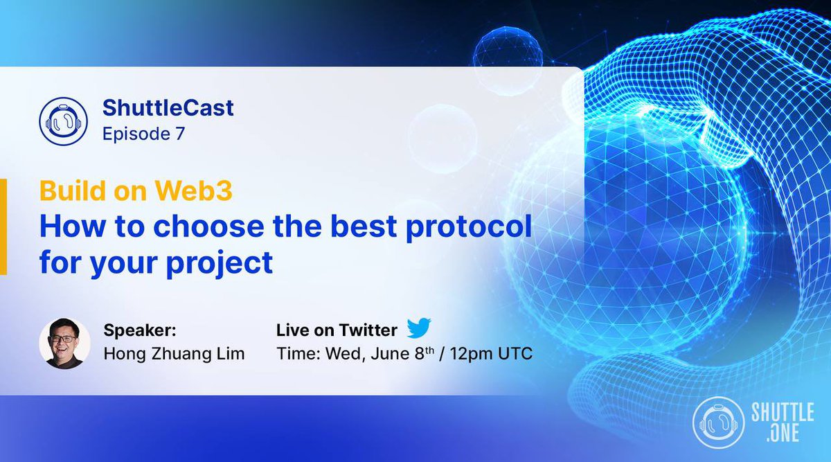 shuttle_one's tweet photo. Which #Blockchain to build on?
One of the most important decision to take before building on #Web3🌐
Join @officialzhuang in the 7th episode of #Shuttlecast where his 7 years of experience will tell you “How to choose the best protocol for your project”🚀
#Defi https://t.co/WgnVxnyP1J