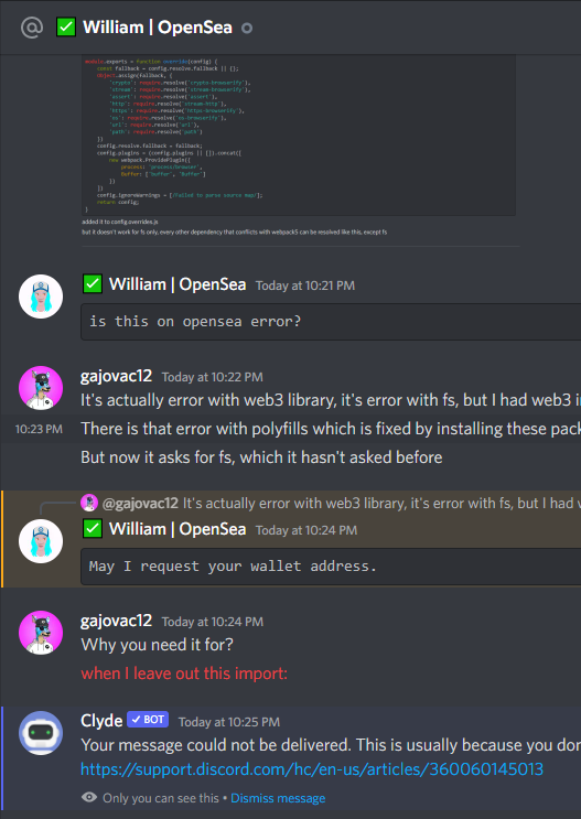 Violentkangaroo's tweet photo. To our fellow devs, watch out, scammers are everywhere. This guy claimed to be opensea support guy, soon as he asked for my wallet address, I knew it was a scammer:
#cryptoscam #opensea https://t.co/8eGkpJA3X9