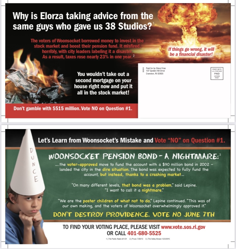 IanDon's tweet photo. Not every day you see a mushroom cloud and a dunce cap in the same mailer. A warning from @friasforrep about Providence’s special election tomorrow https://t.co/XZ4ZsYLIbi