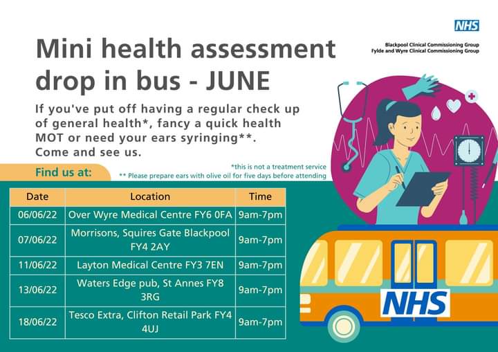 Onecommunitybl1's tweet photo. 🚌 😀 The first of the June mini health assessment drop ins is today at Over Wyre Medical Centre. No appointment needed. https://t.co/vmoZmud1q8