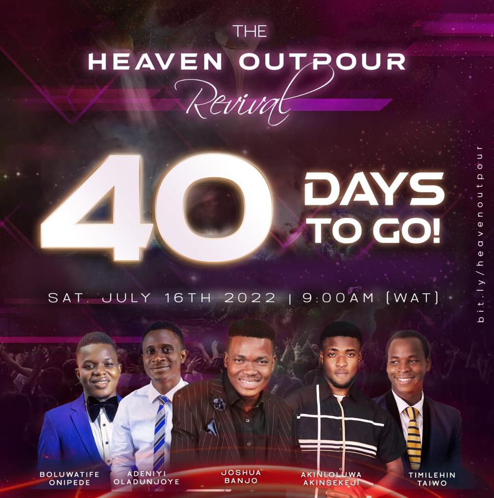 WatchersSchool's tweet photo. 40 days to go before the biggest revival meeting in 2022!

Are you ready??

SATURDAY, JULY 16, 2022 is the date.

#theHeavenOutpour
#revival 
#prophecy
#theInvasion
#EarthAflame https://t.co/4KCVgGNQly