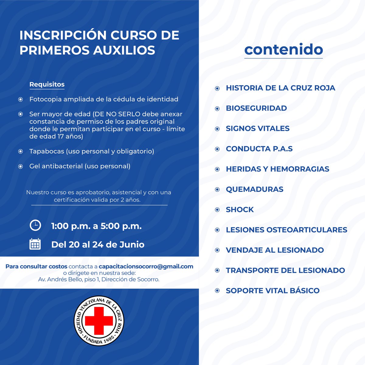 CruzRojaVe's tweet photo. Todavía tenemos cupos disponibles para nuestro curso de primeros auxilios en #Caracas del 20 al 24 de junio. 

Para consultar precios contáctanos a: capacitacionsocorro@gmail.com

¡Inscríbete! https://t.co/qUlxSorJR2