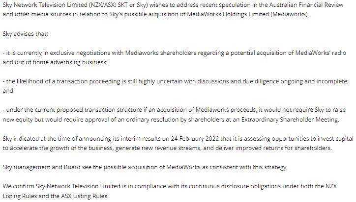 thetvnews's tweet photo. Sky addresses media speculation:
- it is currently in exclusive negotiations with Mediaworks shareholders regarding a potential acquisition
- the likelihood of a transaction proceeding is still highly uncertain with discussions and due diligence ongoing and incomplete https://t.co/mtrTWM2lRt