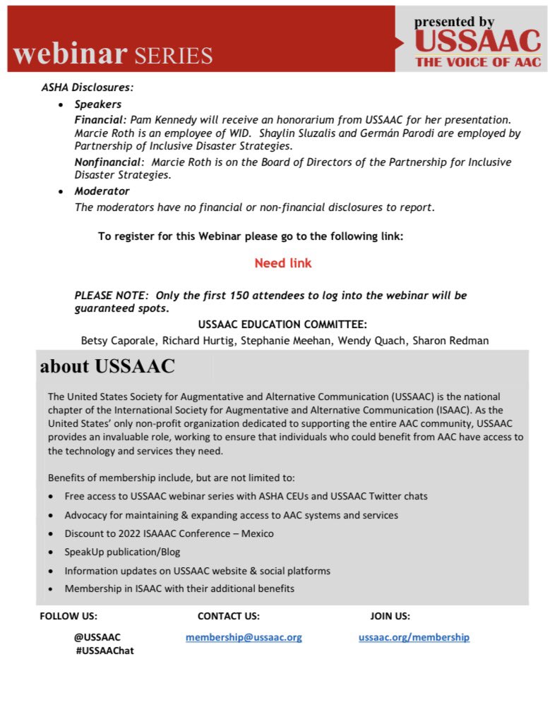 ISAAC_AAC's tweet photo. Join us from 7 - 8 pm ET on June 22nd for a @USSAAC webinar on “Maintaining Communication Access, Encouraging Disaster Preparedness: A Conversation on Emergency Preparedness and People with Communication Disabilities”.
#AAC #USSAAC #augcomm #augmentativealternativecommunication https://t.co/xmhClPLjKP