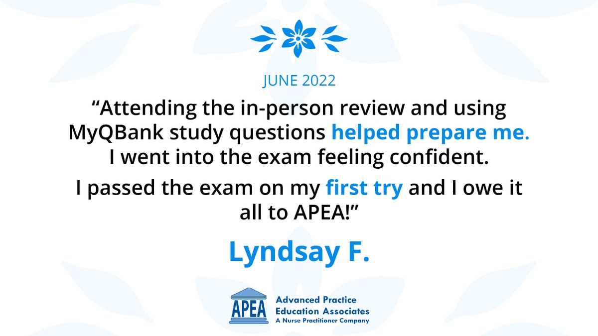 ApeaNPcourses's tweet photo. Here's some Monday motivation for all you NP students out there ... Lyndsay F. used the APEA Live Review Course and MyQBank study questions to gain the knowledge and confidence that helped her pass her exam. Learn about our resources at https://t.co/evXKoggMuN https://t.co/y2WkVLd9Co