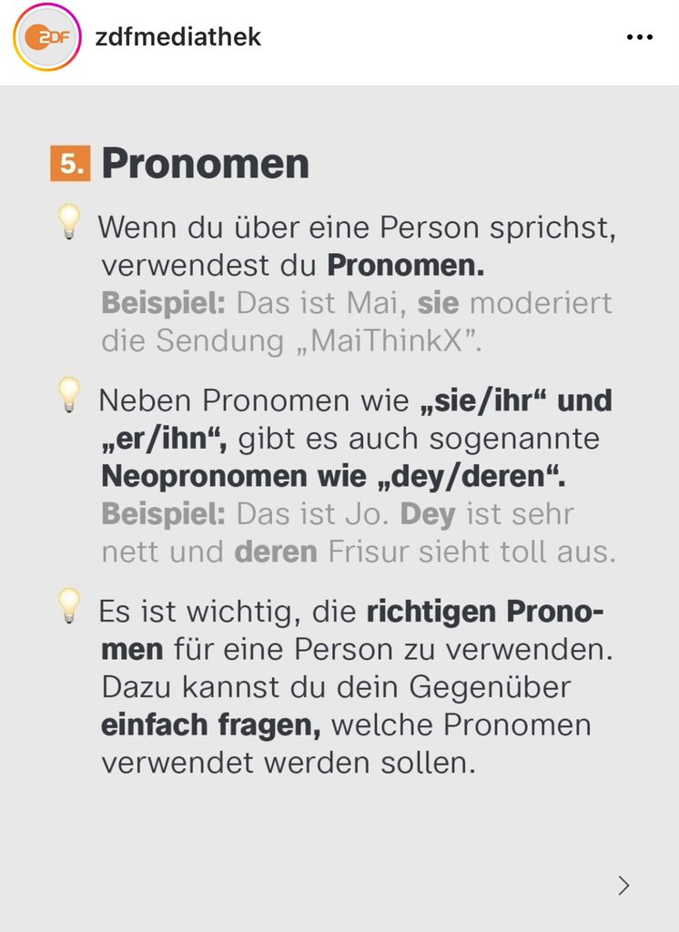 Das ZDF an der Grenze zum absoluten Schwachsinn. Das binäre Geschlechtersystem sei falsch. Gender-Ideologie sei Fakt. Dazu gibt es nützliche Tipps zur Verwendung einer Fantasiesprache von Irren für Irre. 

 Das muss dieser Bildungs- und Informationsauftrag des ÖRR sein.
