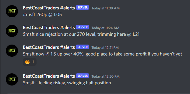 BestCoastTrader's tweet photo. $msft 260p

it was a great, low stress trade for us today

live entry at 1.05, scaled profits at 1.21, and then again at 1.50, swung half position into tomorrow

contracts hit a high of 1.55 today, so exits were nearly perfect!

continue reading thread for why we played msft

🧵 https://t.co/NVO9GQp2lK
