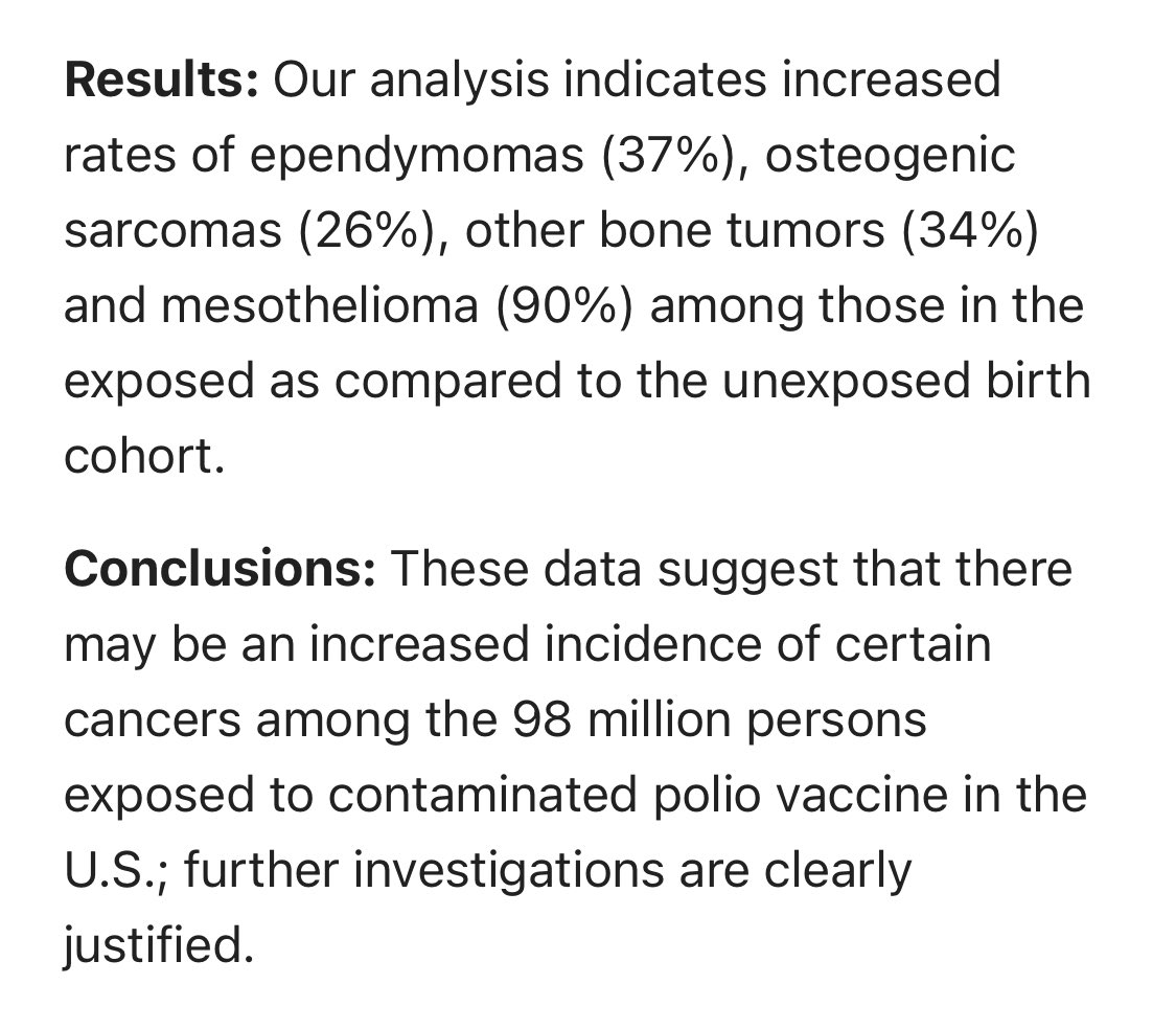 Salk’s polio Vaccine was given to over 100 million people and contained Simian virus 40 (SV40), a known cancer causing virus Officially considered to be “accidental”. no compensation was ever paid