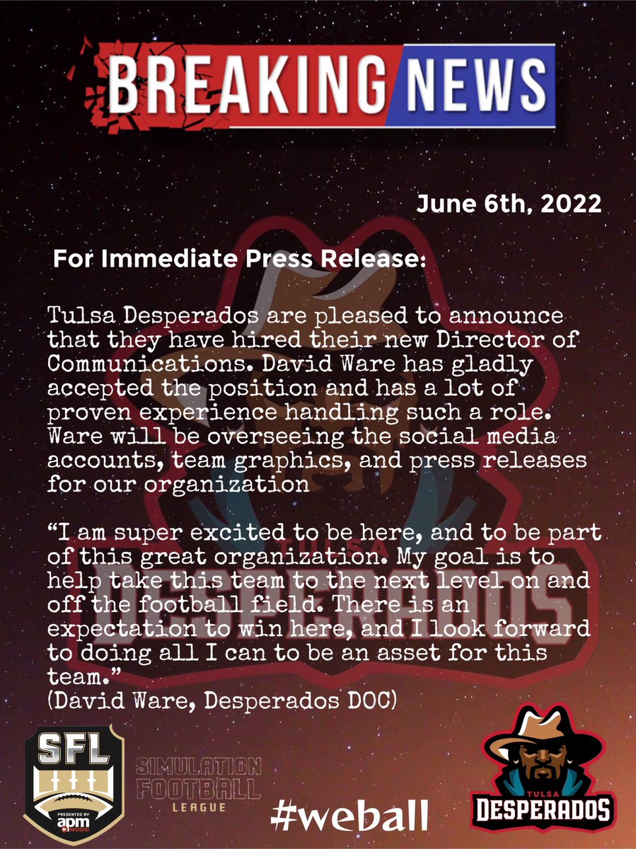 LexMiners_SFL's tweet photo. The Tulsa Desperados are proud to share this breaking news!!!  New DOC for Tulsa!!!! https://t.co/3mcT2hndS0