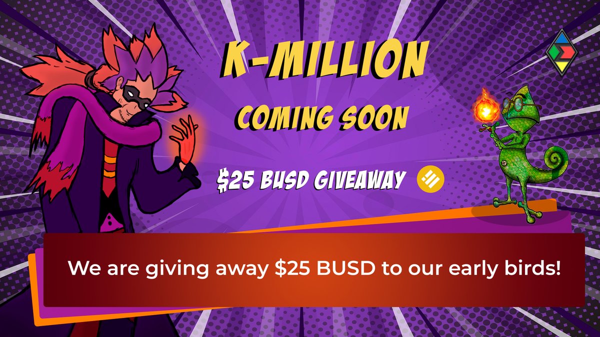 To celebrate our upcoming K-Million collection we are running a $25 $BUSD Giveaway! 💸

Follow <a href="/EliteFourArt/">Elite Four</a> 🦎

RT + Like ⭐
Tag 2 Friends ⚡
Join: t.me/elitefourart

#BNB #BNBChain #NFTGiveaway #NFTs