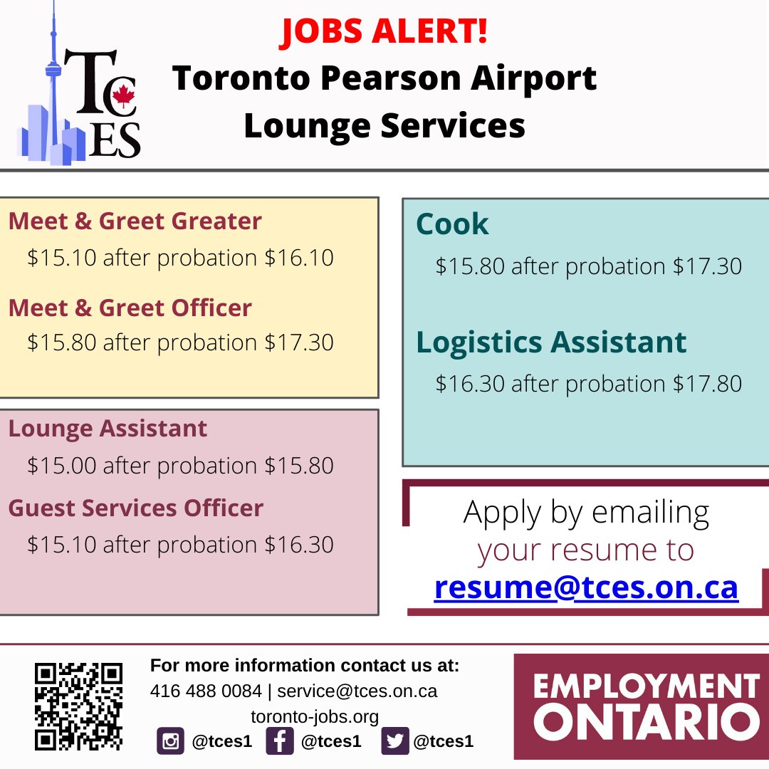 TCES1's tweet image. Toronto Pearson Airport #yyz is hiring for their premium Lounge! #CustomerServices &amp;amp; #FoodServices positions available!

#tces #toronto #torontojobs #employment #torontoemployment #yongeandeglinton #mississaugajobs #employmentontario #torontojobsearch #mississauga #yyzjobs