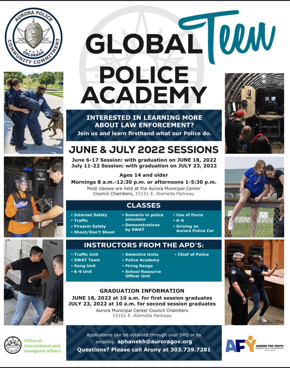 Interested in learning more about law enforcement? Well then this opportunity is for YOU! 👮🏻‍♀️👮🏽‍♂️👮🏾

Join the Global TEEN Police Academy! Sessions begin TODAY! Still plenty of time to sign up, and catch July’s session! Spread the word! <a href="/AuroraPD/">Aurora Police Dept</a> <a href="/aurorak12/">Aurora Public Schools</a>