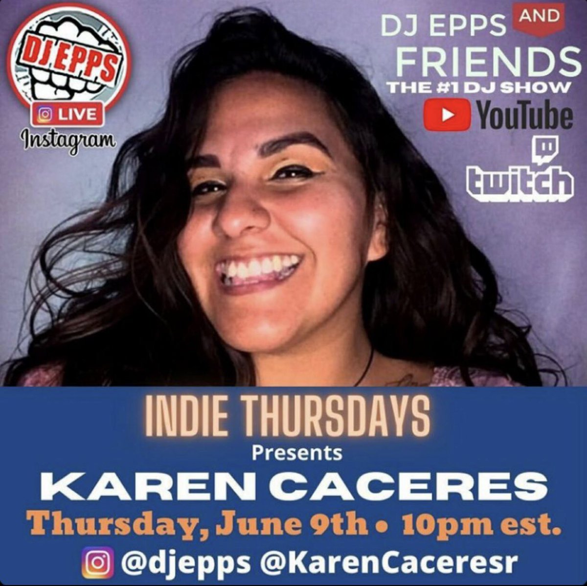 Mi gente <a href="/karencaceresr/">IG: @KarenCaceresR</a> haciendo historia #Vnzla será entrevistada por el legendario <a href="/DJEPPS/">DJ EPPS</a> en su programa #indieThursday en vivo de Instagram y en todas las plataformas digitales el día 9 de jun a las 10pm est , sonando su tema con <a href="/iamKrayzieBone/">krayzie Bone</a> when I wake up in the Morning