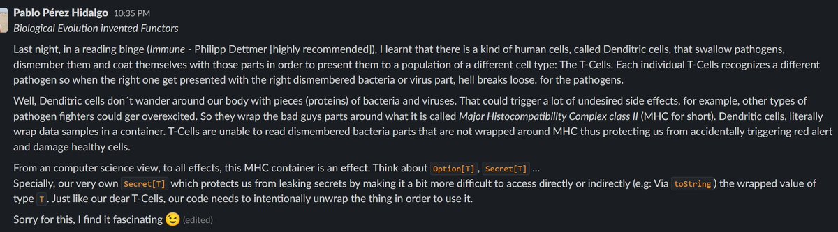 I found myself writing this in our internal <a href="/scala_lang/">Scala</a> channel. I feel I am offending both the God of Biology and the God of Category Theory at the same time but I can't stop projecting biochemistry into computer science and vice-versa. <a href="/Kurz_Gesagt/">Kurzgesagt</a> This relation is interesting!
