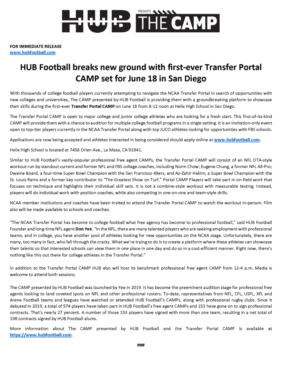 ScottYoffeComms's tweet photo. In case you hadn't seen it, @HUBFootball2020 is expanding its highly-touted free-agent program into the world of #CollegeFootball with its first-ever #TransferPortal #CAMP for #FBS and #JUCO transfers on June 18 in #SanDiego - details, including applicant info, below #HUBFootball https://t.co/sFbdwGElJ9
