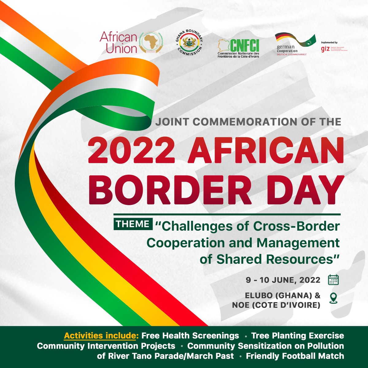 GhBCOfficial's tweet photo. Did you know 7 June, is African Border Day? Join us together with our Ivorian counterparts as we  commemorate this year's celebration in Elubo and Noe #AfricanBorderDay #GhBC. https://t.co/EFiAv6f3dH
