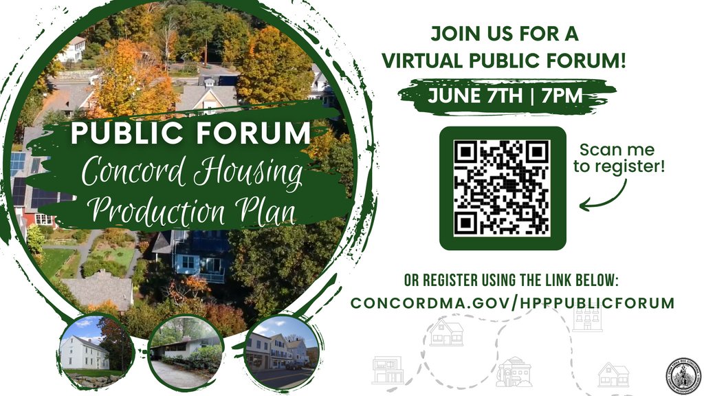 Hey Concord! Do you have thoughts on housing in Concord, MA? We thought so!

The Town is creating a Housing Production Plan to help address housing needs in the Town and we want YOUR input. 

Join us at a virtual public forum on June 7th at 7pm. Register:

us02web.zoom.us/webinar/regist…