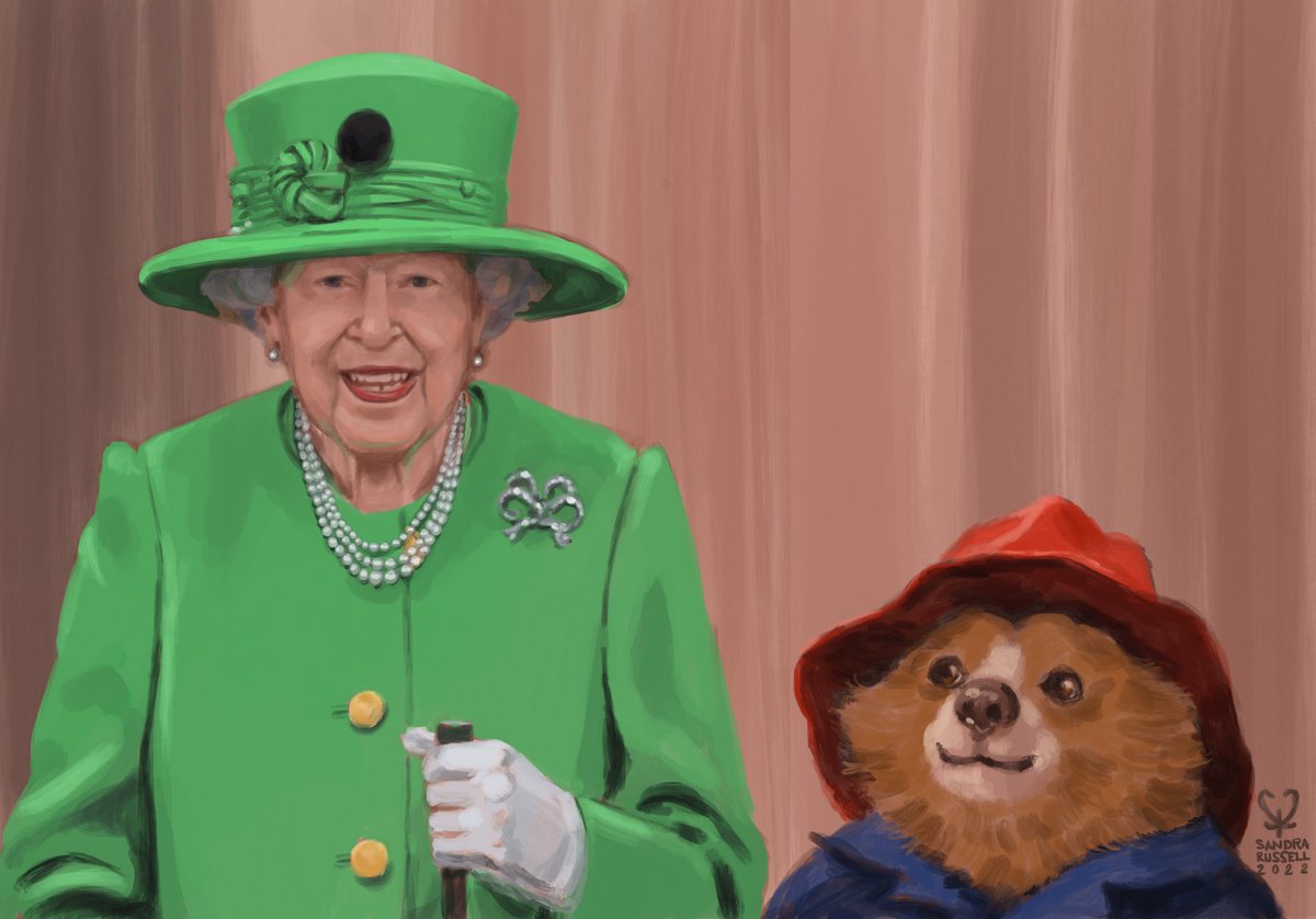 My digital painting of the Queen with a surprise addition of Paddington Bear, who missed out appearing on Buckingham Palace’s balcony. Loved the weekend celebrations!
🥰🇬🇧🎉
#PlatinumJubilee #PlatinumPartyatthePalace #HM70 
#MythicalMashup #PaddingtonBear #TheQueen #portrait