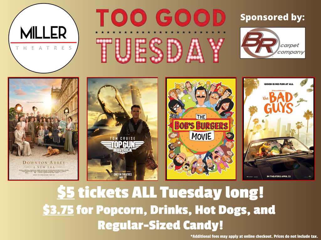 millertheatres's tweet photo. #TooGoodTuesday is back this week! Kick off your June festivities with $5 tickets at Miller Theatres, available now from https://t.co/Y7SkAHM35I or through our mobile app 📲 https://t.co/g93abCCBgM