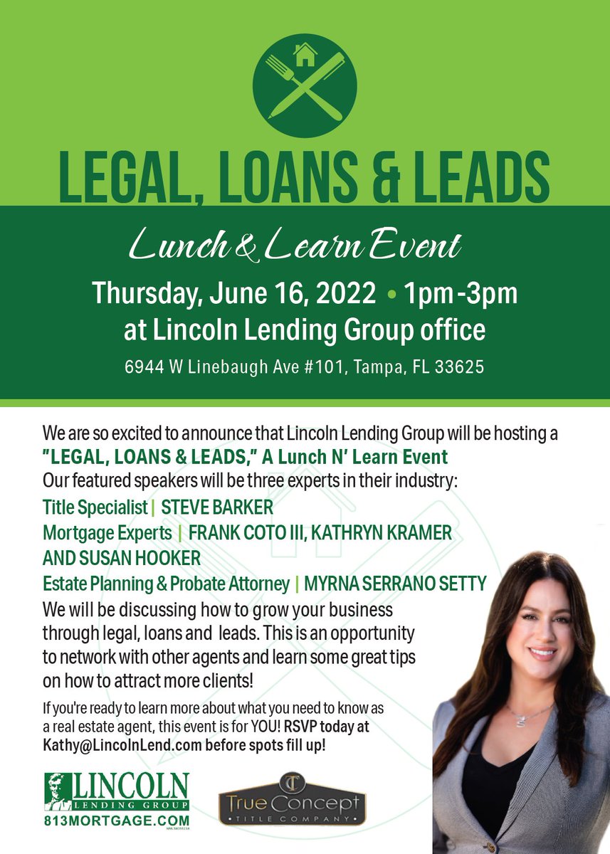 TheTitleSource's tweet image. Realtors, looking to grow your pipeline? Join us @LincolnLending1  for a Lunch &amp;amp; Learn on growing your pipeline using Legal, Loans, &amp;amp; Leads. RSVP kathy@lincolnlend.com