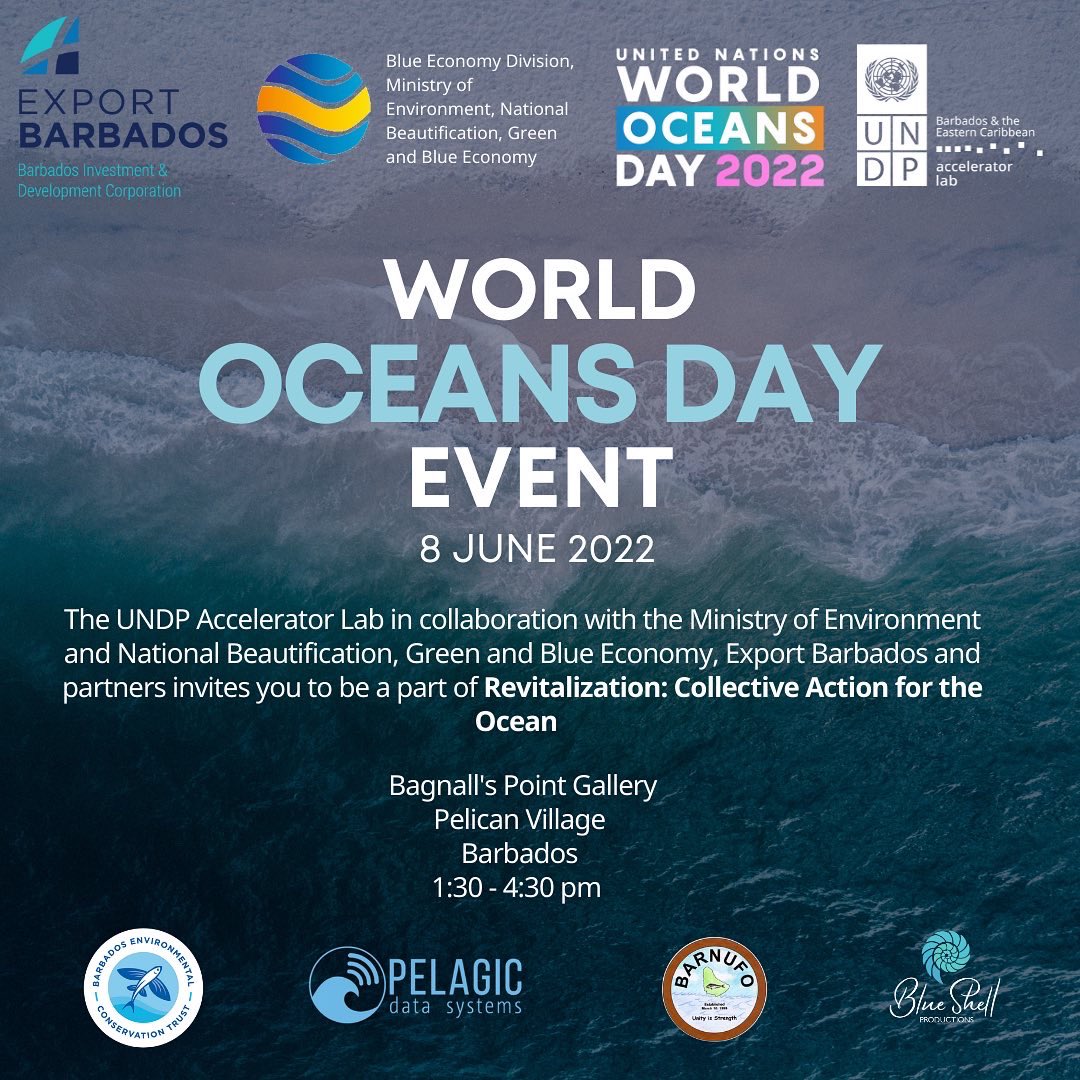 UNDPAccLabs's tweet photo. 📢Join the @undpbarbados #AccLab as they celebrate #WorldOceansDay in Barbados this June 8 - 1:30-4:30pm.
From the launch of #BlueDIGITAL to BlueTalks by innovators, learn how the Lab is experimenting under this year's theme: Revitalization: Collective Action for the Ocean. https://t.co/w5bUAaDBdG