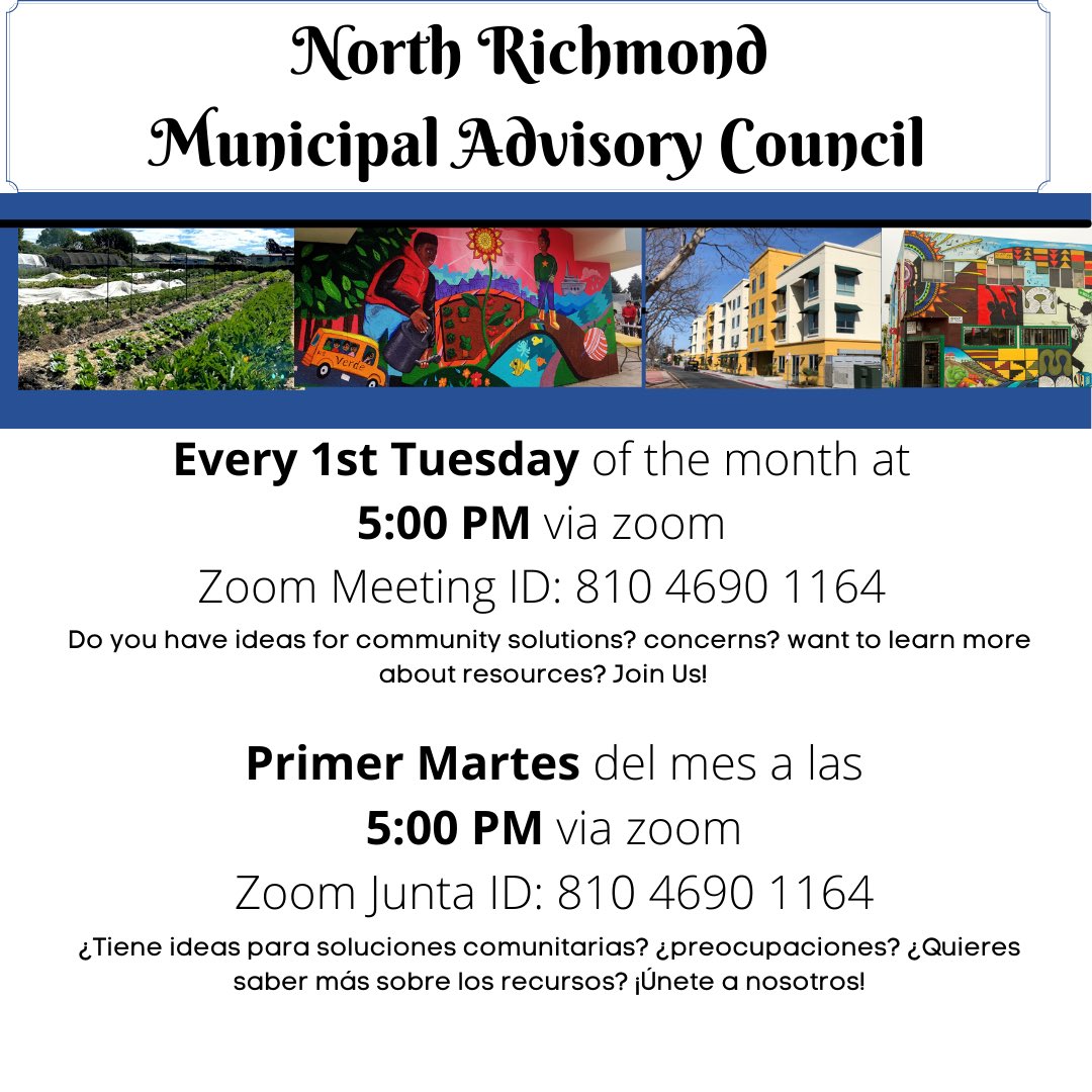 NRMAC_CA's tweet photo. Important NRMAC meeting tomorrow Tuesday, June 7th at 5 PM. How do you envision North Richmond by 2040? Share your ideas. Please join the meeting to learn what’s in the draft plan and give your input. The General Plan is the county’s blueprint for the next 20 years https://t.co/tXNSg1IbYB