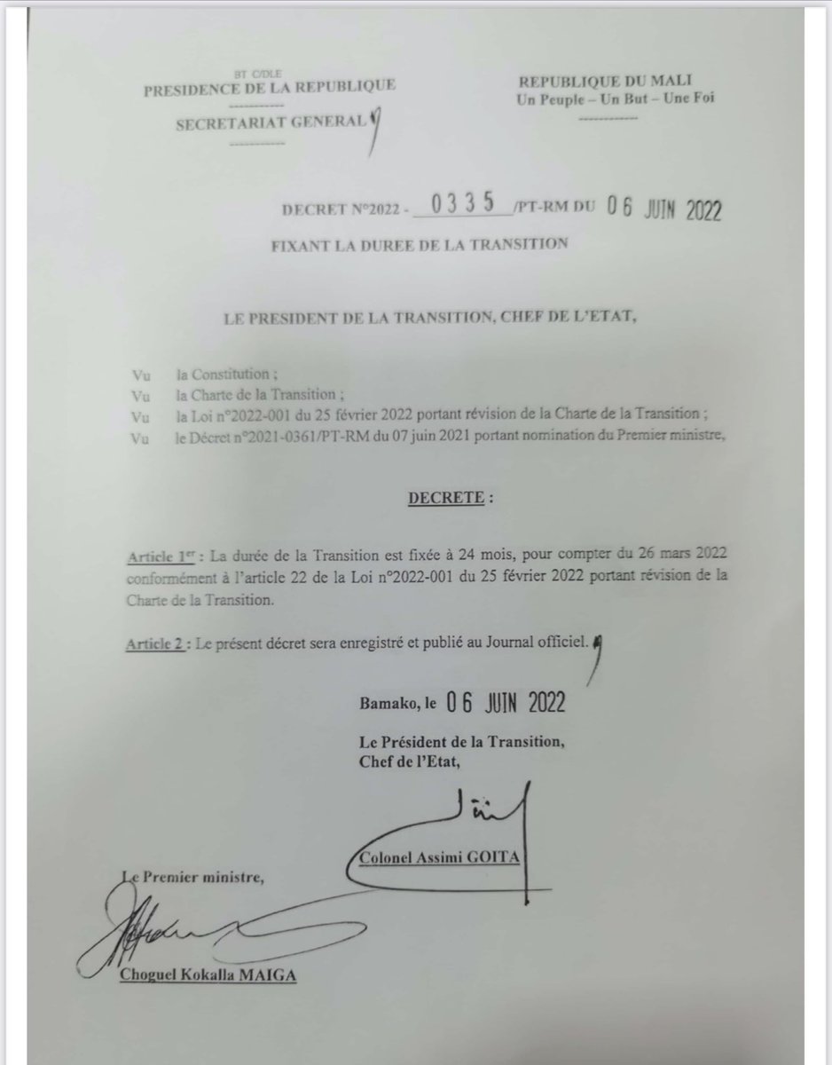 sergedanielinfo's tweet photo. #Mali -Politique 
Le Colonel Assimi GOÏTA proroge la durée de la Transition à 24 Mois à compter du 26 Mars 2022.
( Décret) https://t.co/g5fAhaWvvG