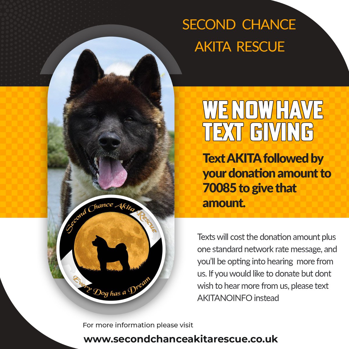 We now have text giving, you can support SCAR with a donation as little as £1. Every single person involved with SCAR is an unpaid volunteer . Any funds raised, go directly to the care of our Akitas.  #akita #secondchance #SCAR #AdoptDontShop  #rescueakita