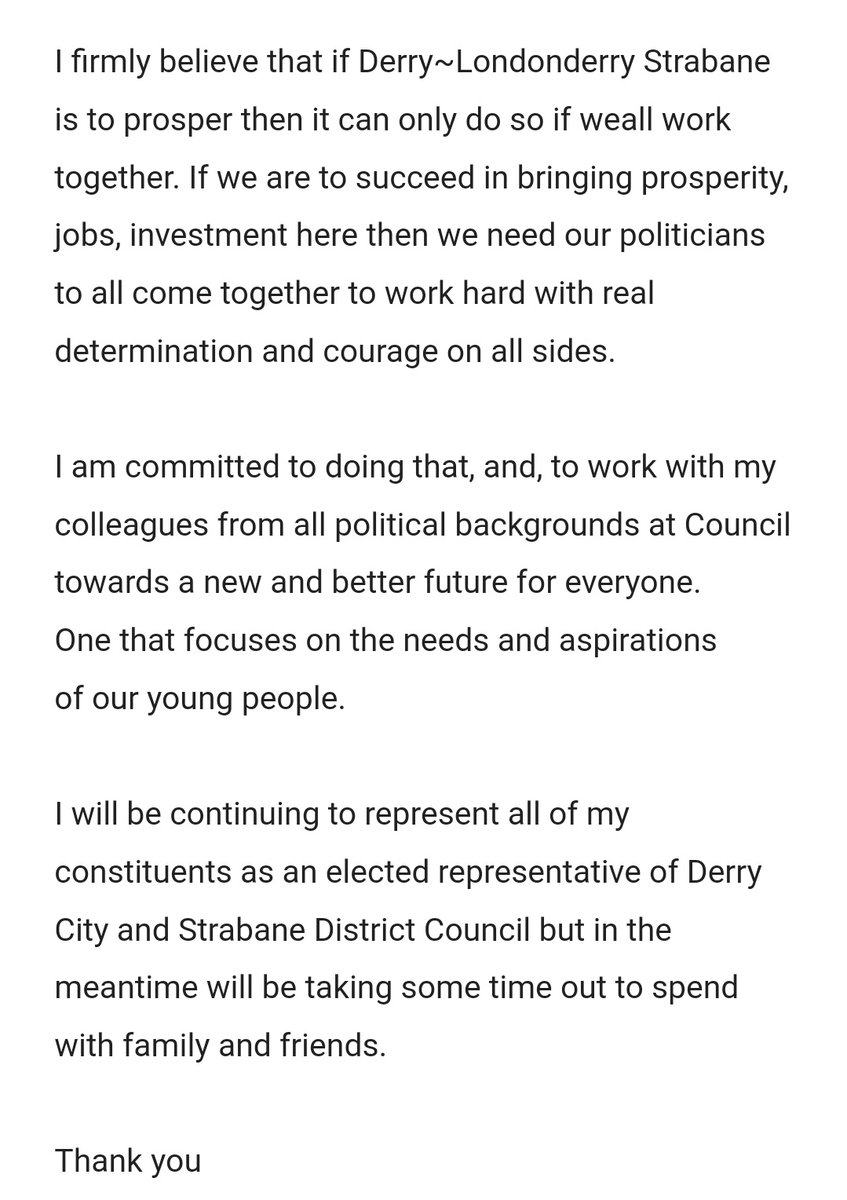 Dean_Journalist's tweet image. Former Derry/Strabane Mayor @grahamwarke, who handed his chain over to @SandraDuffySF tonight, has quit the DUP. @duponline 
Statement ⬇️