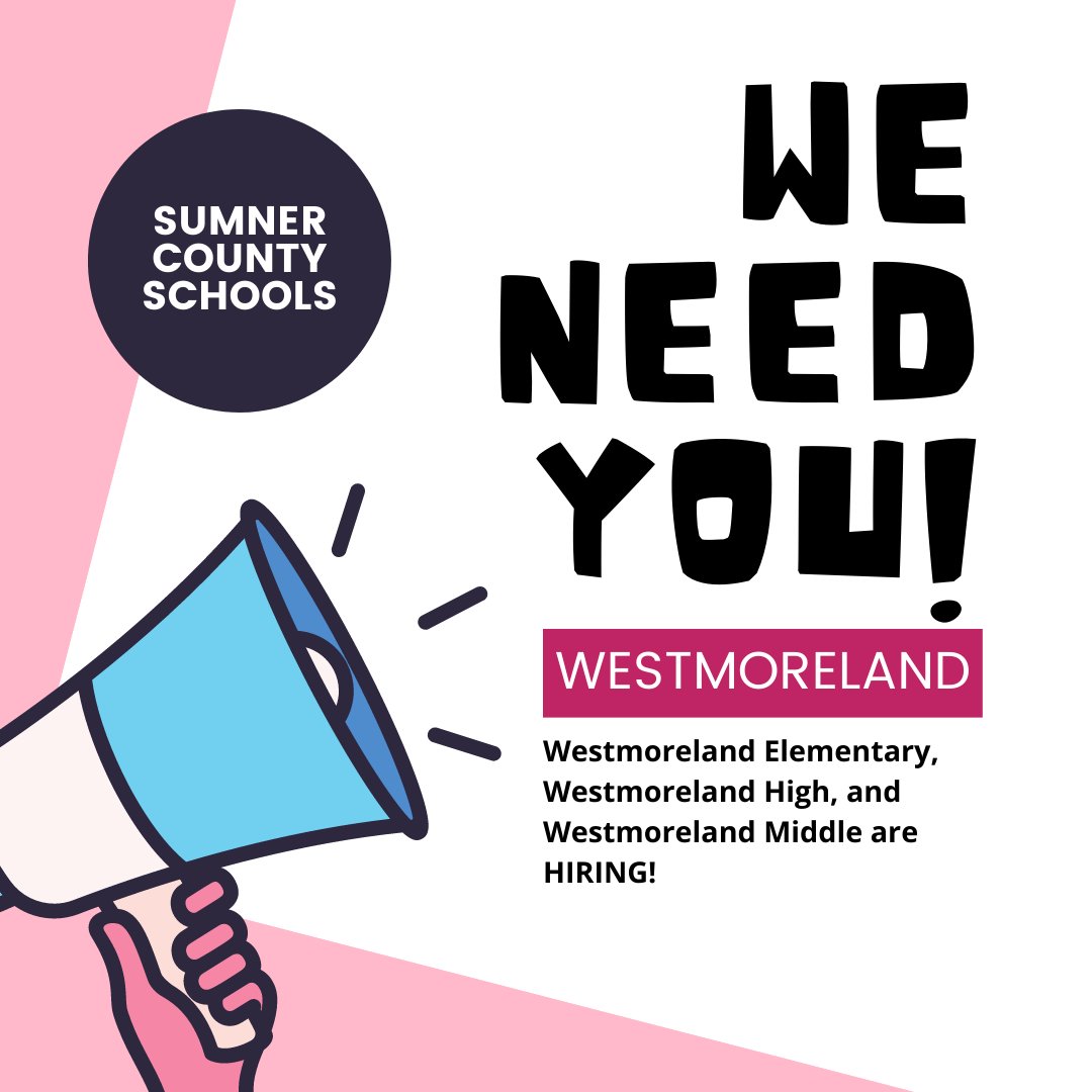 Attention Westmoreland! We are hiring both certified teachers AND classified staff! Check out our job board here: sumnerschools.org/careers
#nowhiring #greaternashville #westmoreland #sumnercounty #education #educationjobs #tennesseejobs
