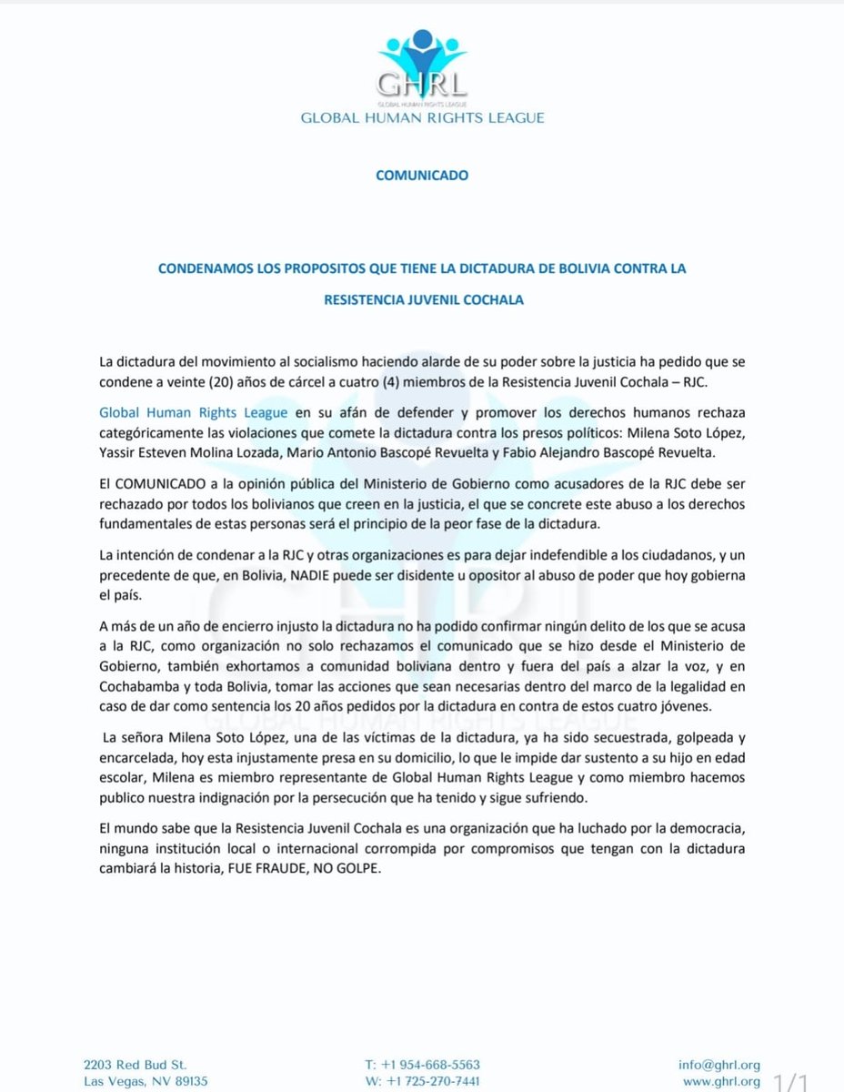 COMUNICADO: CONDENAMOS EL PROPÓSITO QUE TIENE LA DICTADURA DE #BOLIVIA CONTRA LA RESISTENCIA JUVENIL COCHALA- #RJC. La organización criminal q gobierna el país quiere darle 20 años de cárcel a jóvenes q defendieron la democracia mientras <a href="/evoespueblo/">Evo Morales Ayma</a> convulsionaba el país 2019