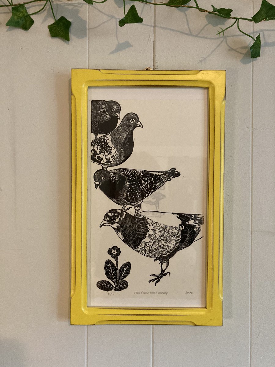 Today I finally framed ‘four pigeons and a primrose’, a unique and gorgeous linocut print by @InkyDogStudio Yellow double cove frame is handmade by @Signedandnumbered 💟