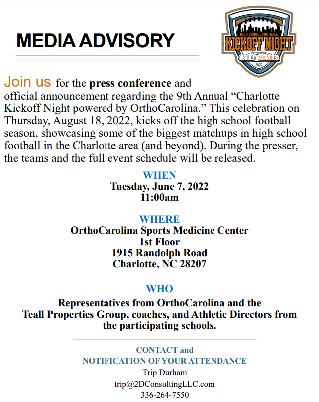 clt_rivalseries's tweet photo. A reminder, tomorrow is the big announcement! If you are a member of the local media &amp; supporter of high school athletics we hope to see you at @OrthoCarolina at 11:00am sharp. #cltkickoffnight22 https://t.co/smlXWOD78h