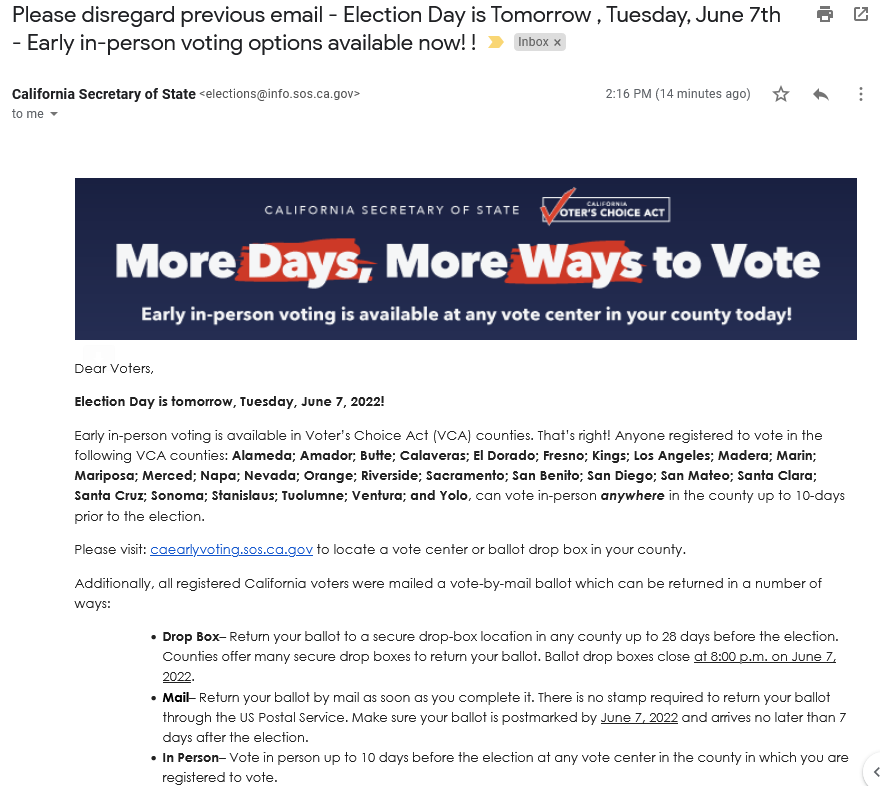 TheKevinDalton's tweet photo. You cannot convince me that the Secretary of State sending out contradictory and confusing emails to voters the day before polls close isn't intentional.

This is state sponsored Election Tampering.

Vote #KevinForBOS by Tuesday, June 7th at 8pm!!! https://t.co/DZPVlTxWv2
