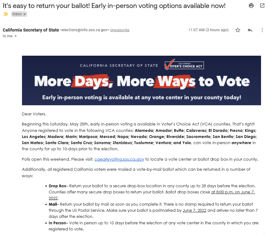 TheKevinDalton's tweet photo. You cannot convince me that the Secretary of State sending out contradictory and confusing emails to voters the day before polls close isn't intentional.

This is state sponsored Election Tampering.

Vote #KevinForBOS by Tuesday, June 7th at 8pm!!! https://t.co/DZPVlTxWv2