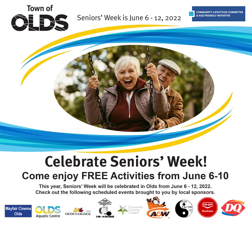 TownOfOlds's tweet photo. Olds Aquatic Centre, Dairy Queen and Mayfair Cinema all have activities scheduled for Tuesday, June 7 as Seniors' Week continues. Details at https://t.co/AwrkJWieC4.

#TownofOlds  #OldsAB  #OldsAlberta #MyOlds https://t.co/iHyUQ5o6HY