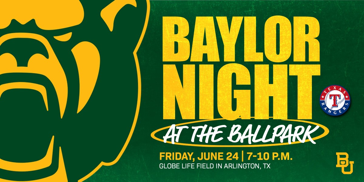 BaylorAthletics's tweet photo. 🎶𝙏𝙖𝙠𝙚 𝙢𝙚 𝙤𝙪𝙩 𝙩𝙤 𝙩𝙝𝙚 𝙗𝙖𝙡𝙡𝙜𝙖𝙢𝙚 🎶

Let's paint Globe Life Field green &amp; gold on Friday, June 24 for @Baylor Night! ⚾

Tickets purchased through this offer include a co-branded Baylor/Rangers jersey: https://t.co/xcCZrbqcUr

#SicEm https://t.co/oRa5p6384S