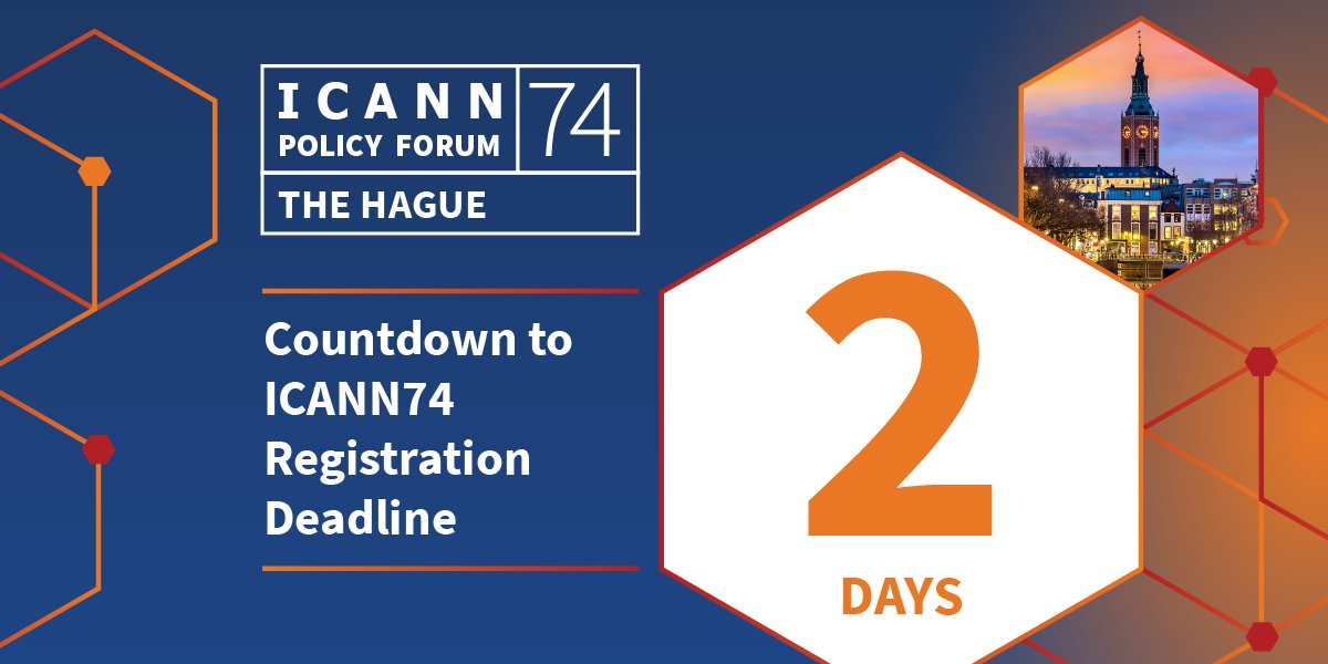 The final countdown! REGISTER NOW to attend the #ICANN74 Policy Forum, in-person in The Hague or virtually. Registration closes Wednesday 8 June at 23:59 UTC and will not be available on-site, so don’t miss the deadline! Sign up now: go.icann.org/3sSIIsY #ICANN