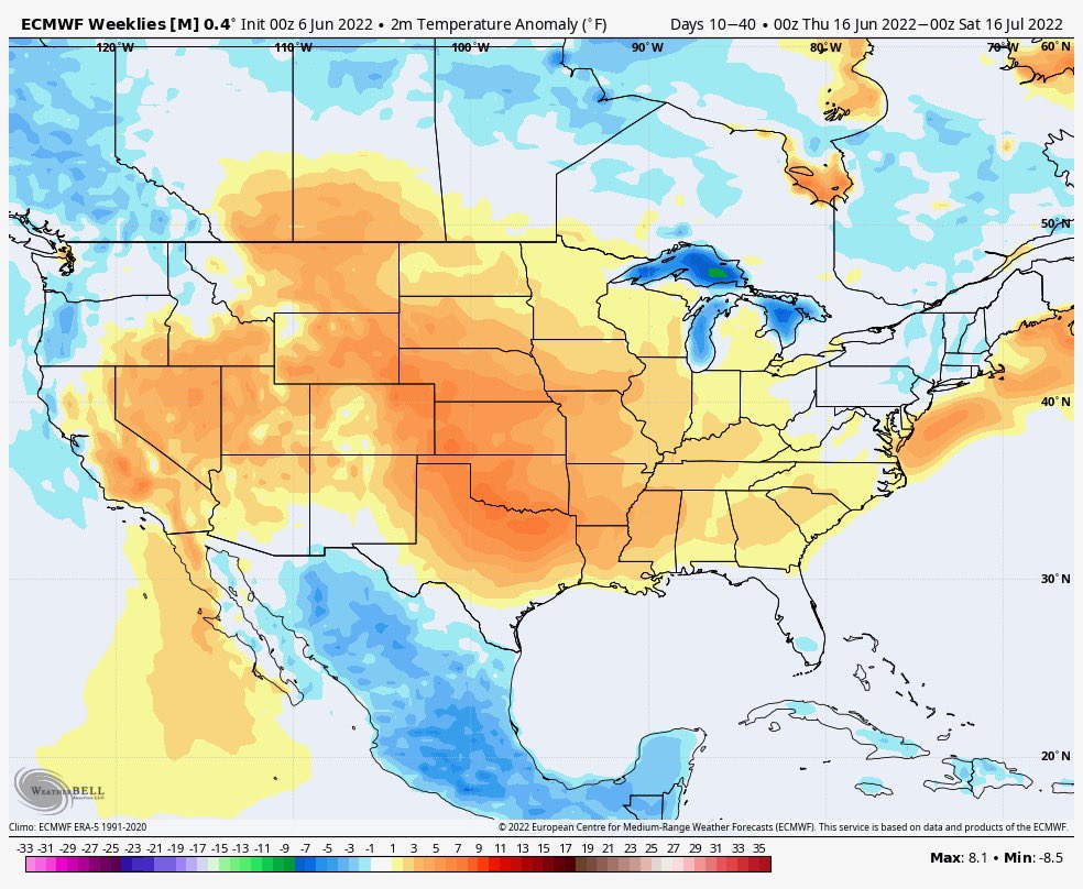 Frye_WSS's tweet photo. ECMWF weeklies, June 17-July 16, does not look like 177 #corn if it verifies! #oatt #plant22 #AGwx https://t.co/a7dc6gAFPg