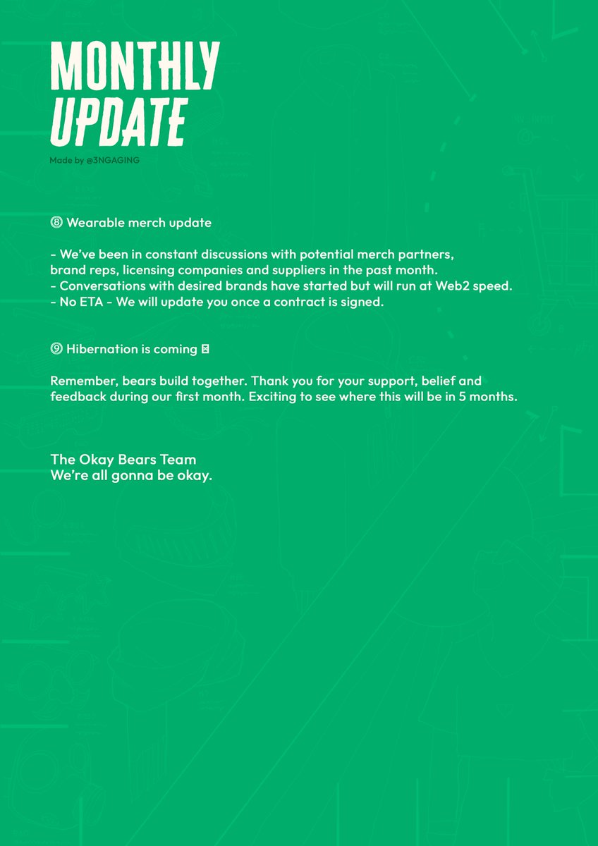 📣Monthly Announcements📣

Calling all <a href="/okaybears/">Okay Bears</a> #Holders 👌🏻🐻

Check out all the news from the team <a href="/suby_sol/">Old Suby</a> <a href="/powerofpixel/">Kais (deactivated)</a> ✅

One thing for sure, 
We’re all gonna be okay.

#WAGBO 👌🏻

#WeAreOkay #Sol #Solana #NFTCommumity #ETH #okaybears #BAYC #OKAY #OKAYMORNING #GM #GMOKAY