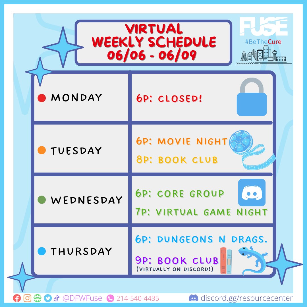 Here is our calendar for the week!  We will be virtual this week! Stay safe!

Fuse is a Social Group for 18-35-year-old guys who like other guys!

#DFWFuse #DFWFuse #gay #gaydallas #dallaslgbt #dallaslgbtq