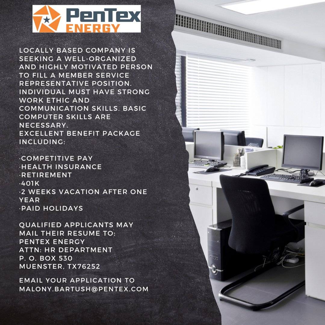 PenTexEnergy's tweet photo. PenTex Energy is hiring a Member Services Representative to join our wonderful team of employees. If you feel you would be a good fit, please check out the flier and apply. #pentexcareers https://t.co/lqbWuqkDDh
