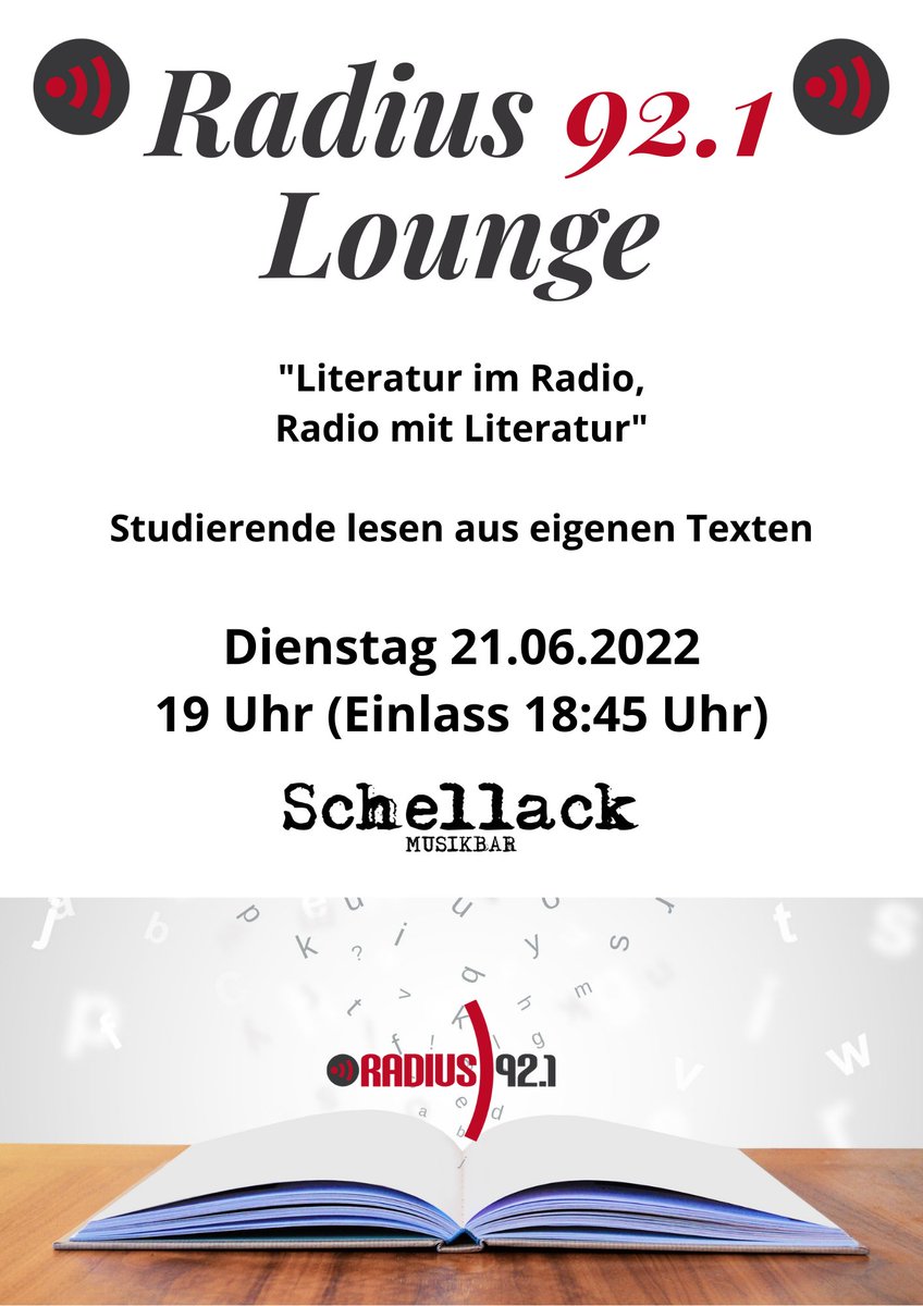 Hallo Freunde der gepflegten Literatur.

Erlebt mehrere (Kurz-)Geschichten in der lockeren Atmosphäre der Musikbar Schellack.
Die Radius 92.1 Lounge findet am Dienstag, 21. Juni 2022 um 19:00 Uhr statt.

Wir freuen euch zu sehen und mit euch zu interagieren.